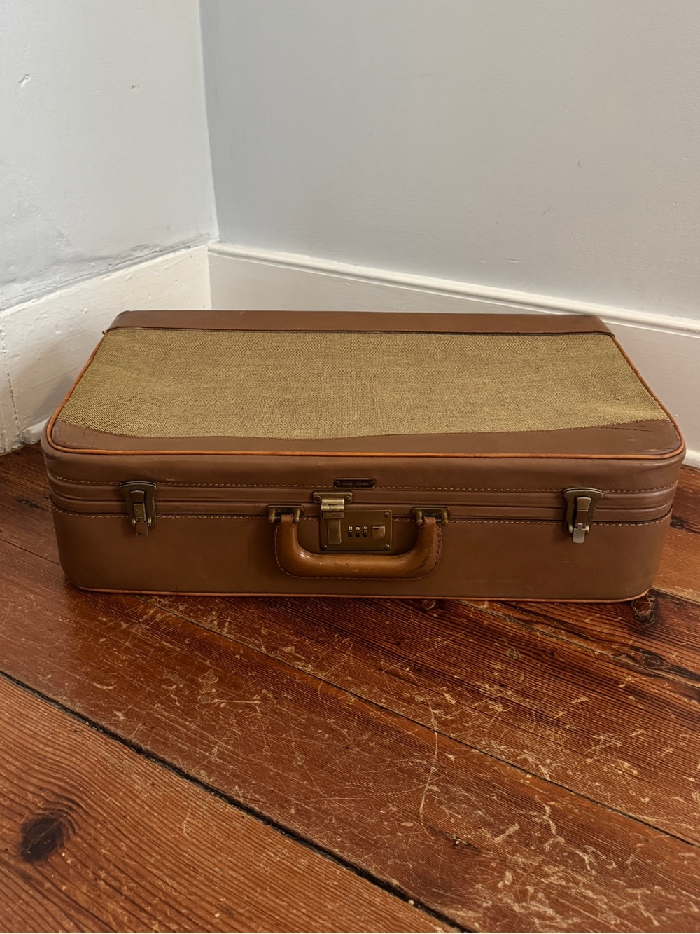 Vintage 60's Brooks Brothers Tan Leather Fabric Suitcase Luggage Combination - Picture 3 of 15